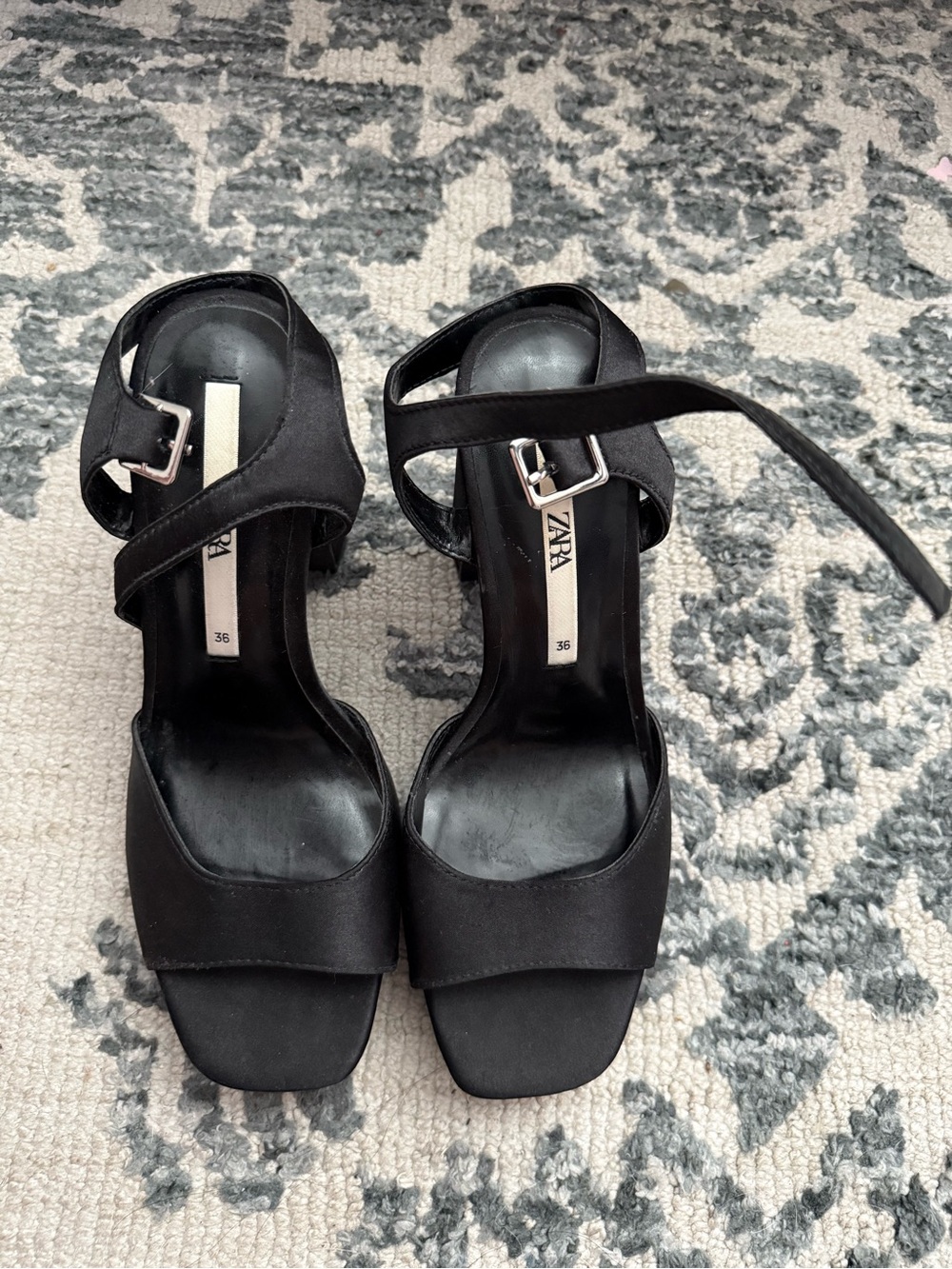 Zara Black Ankle-Strap Square-Toe Block Heels